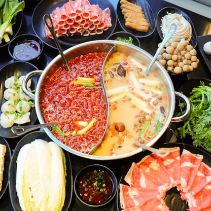 Tofficu 12.20 Inch Stainless Steel Hot Pot with Divider Dual Section Pan for Family Hotpot Cooking on Gas and Induction Stoves Divided Stockpot