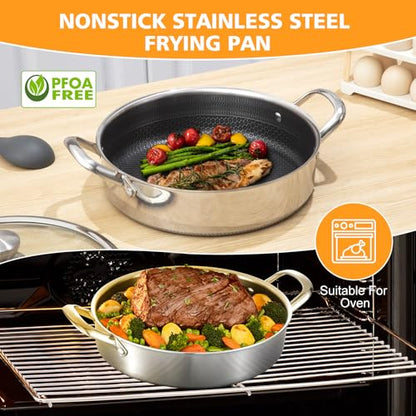 Toutrop Stainless Steel Saute Pan 12 inch Deep Frying Pan,5 Quarts Nonstick Skillet Large Sauté Pan with Lid,PFOA Free Cookware,Induction Compatible Chef Cooking Pan,Dishwasher & Oven Safe