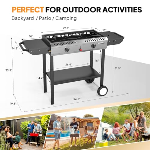Bonnlo 2 Burner Propane Gas Burner with Auto Ignition, 150000 BTU Camping Stove with Storage Shelf and Rolling Wheels, Portable Outdoor Cooker for Patio Backyard Cooking Frying Boiling and Stewing
