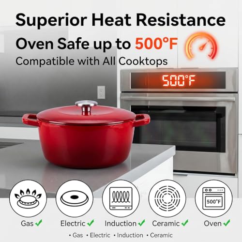WOKINS 5.5QT Enamel Cast Iron Dutch Oven with Lid,Dual Handles,Versatile Heavy-Duty Non-toxic Cookware for Sourdough Bread Baking,Braising,Stews,Roasting,Oven Safe up to 500°F red