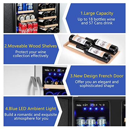 Velieta Wine and Beverage Refrigerator,24 Inch Dual Zone Wine Beverage Cooler, Built-in/Freestanding Beer and Wine Fridge with a Powerful Compressor, 20 Bottles and 88 Cans Capacity