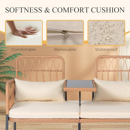 PROHIKER ROHIKER Outdoor Patio Loveseat Rattan Loveseat 2-Seat Furniture with Built-in Table, Lumbar Pillows and Cushions, All-Weather Small Patio Couch for Balcony, Lawn, Backyard
