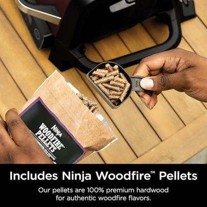 Ninja OG701 Woodfire Outdoor Grill & Smoker, 7-in-1 Master Grill, BBQ Smoker, Air Fryer plus Bake, Roast, Dehydrate, & Broil, uses Woodfire Pellets(1 Pack Included), Portable, Electric, Red