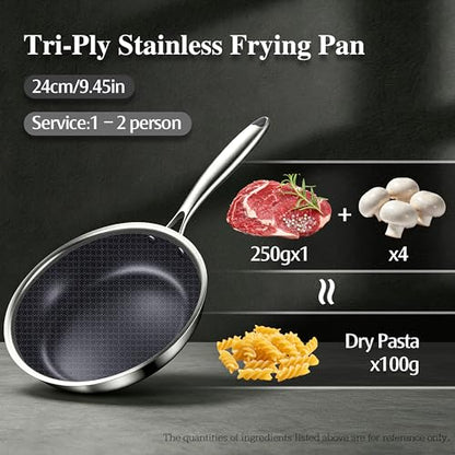 BRASA Nonstick Frying Pan 9.45-inch,Tri-Ply Stainless Steel Skillet,Honeycomb Ceramic Coating, Induction & All Cooktop Compatible,Dishwasher safe (PFOS, PFOA Free)(9.45 in+5.9 in trivet)