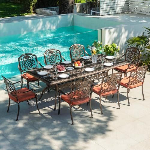 ADREAK 9-Piece Patio Furniture Dining Set, All-Weather Cast Aluminum Outdoor Table and Chairs for 8, Includes 88’’Rectangular Dining Table & 8 Stackable Cushioned Dining Chairs, Red