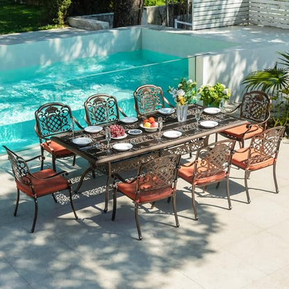ADREAK 9-Piece Patio Furniture Dining Set, All-Weather Cast Aluminum Outdoor Table and Chairs for 8, Includes 88’’Rectangular Dining Table & 8 Stackable Cushioned Dining Chairs, Red