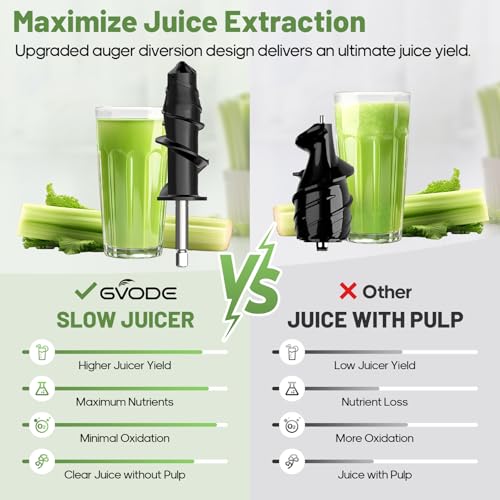 GVODE Cold Press Juicer, Powerful Masticating Juicer with Dual Feed Chute, Electric Juicer with Pulp Separation, Countertop Juicer Machines, 75dB, 3 Mode Operations, Overheat Protection