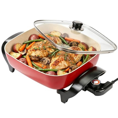 I-Keukenn 15'' Ceramic Nonstick Electric Skillet with Tempered Vented Glass Lid,Removable Easy-to-Clean,Thermostat Control to Prevent Overheating, Red