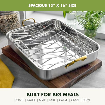 GreenPan Reserve 16" x 13" Tri-Ply Stainless Steel Roasting Pan with Roaster Rack, Multiclad Cookware, Induction Suitable, Gold Stainless Steel Handles, Dishwasher & Oven Safe, Silver