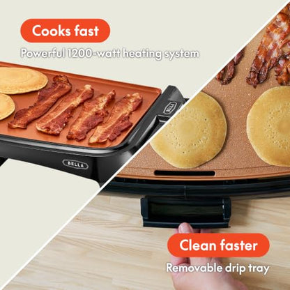 bella Griddle Ceramic Copper TI, Healthy-Eco Non-stick Coating, Hassle-Free Clean Up, Large Submersible Cooking Surface, 10" x 16", Copper/Black