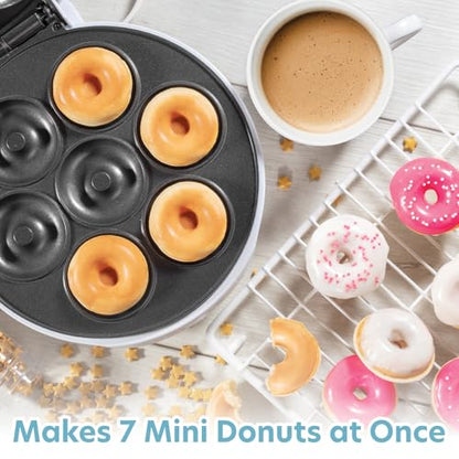 Mini Donut Maker- Electric Non-Stick Surface Makes 7 Small Doughnuts- Decorate, Frost, Ice Your Own for Kid Friendly Baked Dessert Treat - Cooking Activity for Adults with Recipe Guide, Easy Bake Gift