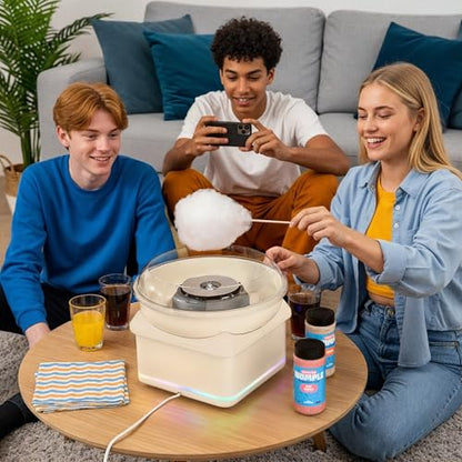Wumple Kids Cotton Candy Machine with LED Lights - Quick Heat-Up Electric Maker with Lidded Bowl for Parties, & Home - Cream