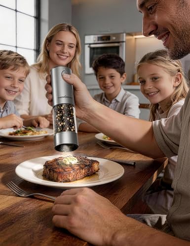 ThermoMaven Upgraded Larger Capacity Electric Salt and Pepper Grinder Set, 110ml Rechargeable Salt and Pepper Shaker with LED Light, Stainless Steel Automatic Pepper Mill with 6 Adjustable Coarseness