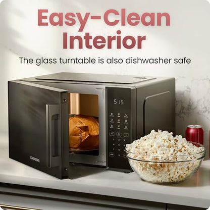 Chefman Countertop Microwave Oven 0.9 Cu. Ft., 900 Watts with 10 Power Levels, 6 Cooking Presets with One-Touch Express Cook, Eco Mode, Child Safety Lock, & Mute Button - Black