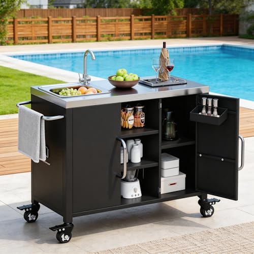 Casaphoria 55.5" Outdoor Kitchen Island with Sink, Stainless Steel BBQ Grill Cart & Pizza Oven Table, Portable Bar Station with Lockable Wheels for Patio Lawn Garden