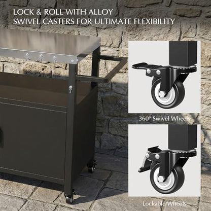 Belord Outdoor Grill Table with Storage Cabinet, Outdoor Grill Cart with Wheels, Movable BBQ Cart Prep Station Kitchen with Stainless Steel Top and Removable Side Basket for Poolside Backyard Black