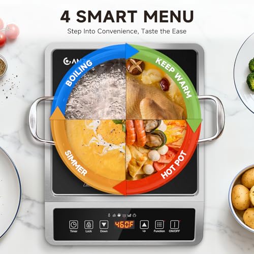 AMZCHEF 1800W Induction Cooktop Commercial: Large 8" Heating Coil Induction Burner with 20 Power & Temperature Levels, Induction Hot Plate with 4 Smart Functions, Induction Stove for Home & Commercial