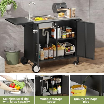 ahomrt Outdoor Grill Table with Sink, Metal Worktable Kitchen Cabinet Island w/ 304 Stainless Steel Sink, Foldable Top and Storage Cabinet, Rolling Grill Cart with Wheels for Garden, Backyard and Lawn