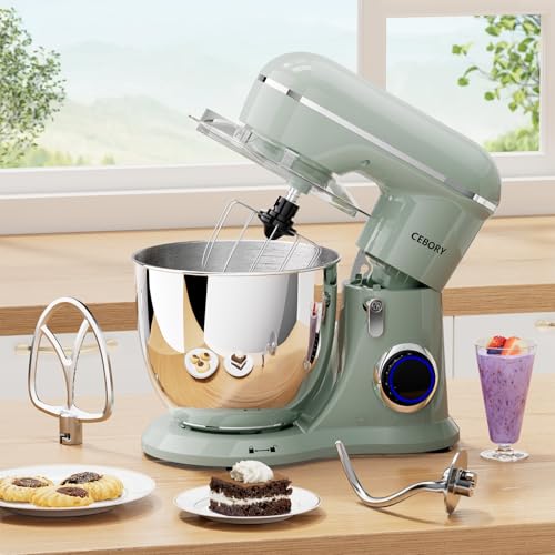 CEBORY 3-IN-1 Electric Stand Mixer, 6.5QT Bowl 660W 10-Speed Kitchen Mixer, Household Food Mixers include Dough Hook, Beater and Whisk, Bread Cake Mixer for Baking and Most Home Cooks, Green