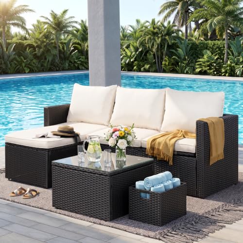 SUNLEI Patio Furniture Set with Detachable Soft Cushions, Outdoor PE Rattan Patio Conversation Sofa Set, 3-Piece Patio Sectional Sofa with Glass Coffee Table (Black Rattan&White)