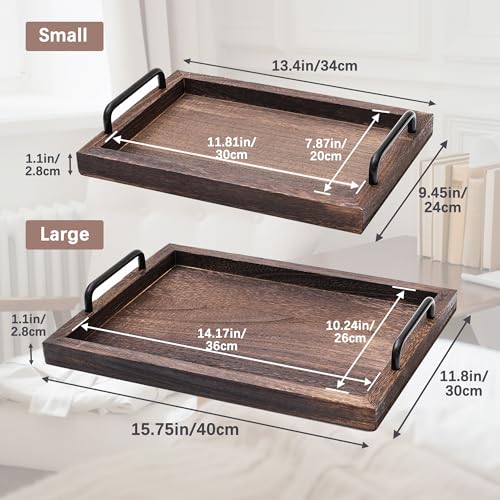 Kazozobi Lightweight Wood Serving Trays with Metal Handles, Set of 2 Nesting Wooden Ottoman Tray for Living Room, Farmhouse Wooden Trays for Decor, Breakfast, Dinner, Drinks, Coffee Table Tray, Brown
