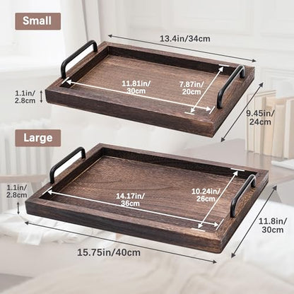 Kazozobi Lightweight Wood Serving Trays with Metal Handles, Set of 2 Nesting Wooden Ottoman Tray for Living Room, Farmhouse Wooden Trays for Decor, Breakfast, Dinner, Drinks, Coffee Table Tray, Brown