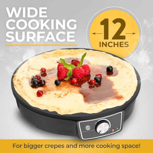 Crepe Maker Machine (Easy to Use), Pancake Griddle – Nonstick 12” Electric Griddle – Pancake Maker, Batter Spreader, Wooden Spatula – Crepe Pan for Crepes Roti, Tortilla, Blintzes – Portable, Compact