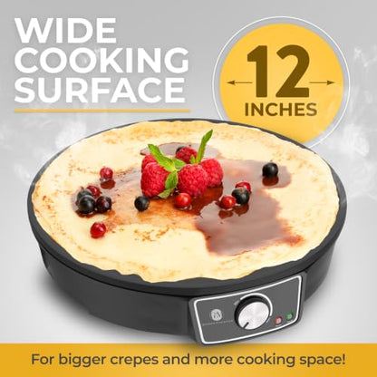 Crepe Maker Machine (Easy to Use), Pancake Griddle – Nonstick 12” Electric Griddle – Pancake Maker, Batter Spreader, Wooden Spatula – Crepe Pan for Crepes Roti, Tortilla, Blintzes – Portable, Compact