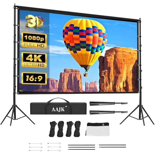 AAJK 150in Outdoor Projector Screen with Stand, Portable 16:9 4K HD Indoor Outdoor Projection Screen with Wrinkle-Free Design, Ideal for Home Theater and Backyard Cinema – Includes Carry Bag