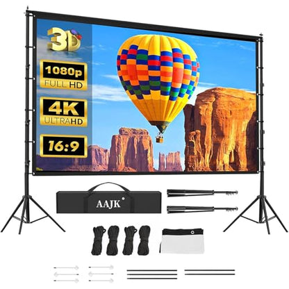 AAJK 150in Outdoor Projector Screen with Stand, Portable 16:9 4K HD Indoor Outdoor Projection Screen with Wrinkle-Free Design, Ideal for Home Theater and Backyard Cinema – Includes Carry Bag