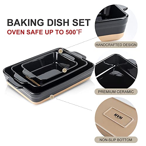 HVH Baking Dish Set, 9x13 Baking Dish, Ceramic Lasagne Pan Deep, Large Casserole Dish Set, Baking Dishes for Casseroles 13 x 9, Ceramic Bakeware Set of 3, Farmhouse Style (Black)