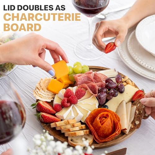 Oria Cook Large Glass Salad Bowl with Lid Set, 5.7 L Decorative Glass Mixing Bowl, Trifle and Serving Bowls with Lids as Cheese Charcuterie Board and Plate, Comes with Wood Serving Utensils