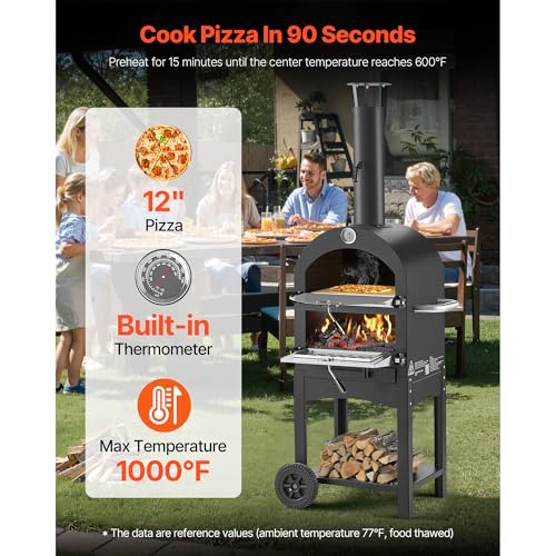 VEVOR Portable Outdoor Oven, 12-inch Stand Pizza Oven with Casters, Pellet & Chips & Charcoal & Firewood Four Fuel, Baked Paint Pizza Grill, Includes Pizza Stone, Pizza Shovel, for Camping & Backyard
