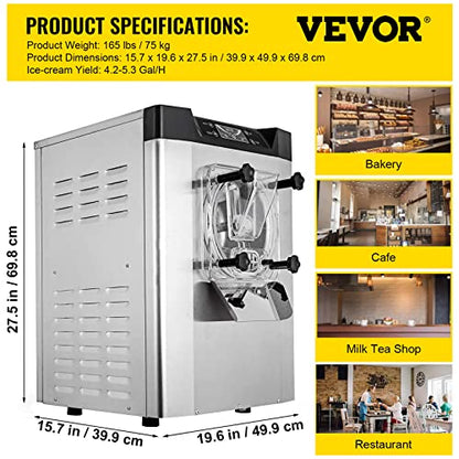 VEVOR Commercial Ice Cream Machine 1400W 20/5.3 Gph Hard Serve Ice Cream Maker with LED Display Screen Auto Shut-Off Timer One Flavors Perfect for Restaurants Snack bar Supermarkets
