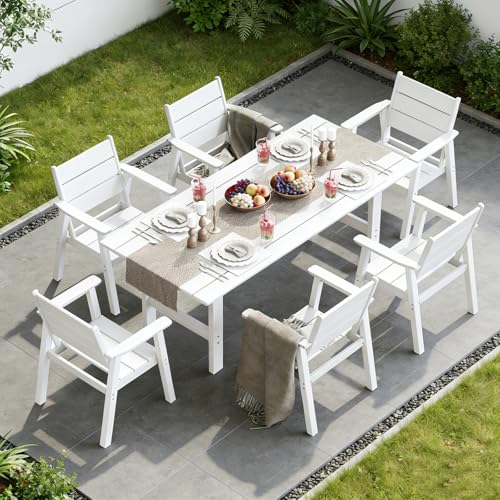 Polyhouz Outdoor Dining Set for 6, 7-Piece Patio Table and Chairs Set, HDPE Outdoor Dining Table and Chairs with Umbrella Hole, All-Weather Dining Furniture Set,White