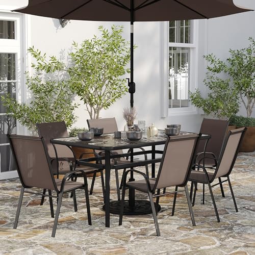 Merrick Lane Bardwell 7-Piece Outdoor Dining Table Set for 6, Glass Top Table with Hole for Umbrella, 6 Breathable Textilene Stackable Patio Chairs, Brown/Black