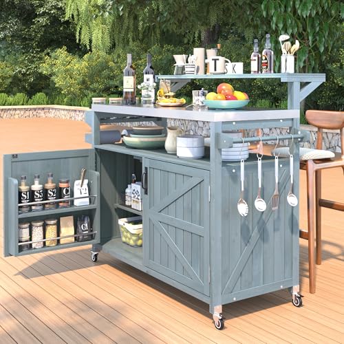 Karzibo 53.4" Farmhouse Outdoor Kitchen Island, Solid Wood Rolling Grill Cart with Stainless Steel Top, Raised Shelf, Internal Storage Rack, Adjustable Shelf & Spice Rack (Grey Blue)