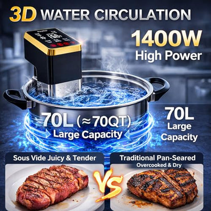 Commercial Sous Vide Cooker 1400W, Immersion Circulator with Precise Temperature Control & Timer, Large LCD Display, IPX7 Waterproof, Fast Heating Pump, Sous Vide Machine for Home & Commercial Use