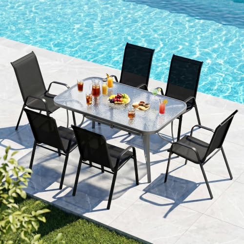 MAMIZO 7 Pieces Patio Dining Set for 6, Glass Table and Textilene Chairs