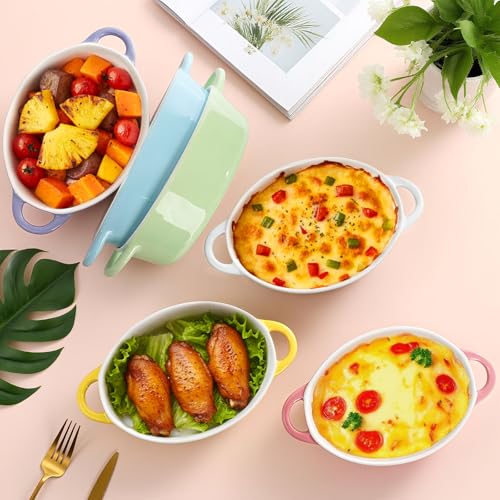 Foraineam 6 Pack 20 oz Oval Au Gratin Baking Dishes with Handles, Porcelain Casserole Dish Single Serving Ramekins for Oven & Microwave Cooking and Baking, 7.2" x 5.5", Oven Safe Roasting Lasagna Pan