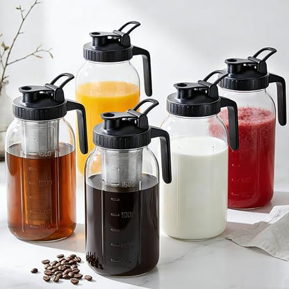Cold Brew Coffee Maker 32 Oz Wide Mouth Mason Jar Pitcher With stainless steel Filter 1 Quart Airtight & Leak-Proof cold brew pitcher with pour spout lid and handle For iced Coffee Tea and lemonade