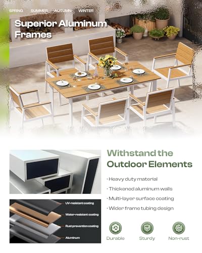 Oasbira Outdoor Dining Set for 4, Patio Table and Chairs Set with Umbrella Hole, 5 Pieces HDPS + Aluminum Outdoor Furniture Sets for Patio, Garden (White & Teak)