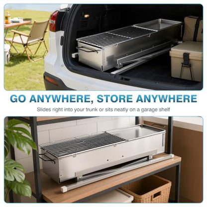 IRONWALLS Portable Charcoal Grill Foldable with Skewer, 32"(L)x8"(W)x32"(H)