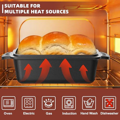EAOENLS 9×5 Inch Cast Iron Loaf Pan with Lid, 2-in-1 Bread Baking Pans for Homemade Bread, Pre-Seasoned | Even Heat Distribution, 2 Piece Set