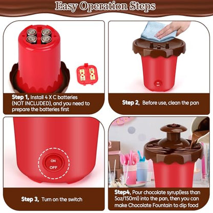 5oz Mini Chocolate Fountain with 10Forks,2-Tier Mini Chocolate Dipping Machine for Use with Chocolate Syrup Only, fit for Parties,Daily Use, Powered by 4 x C Batteries(Not Included) (Red)