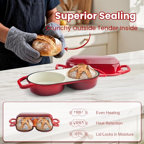 YONILL Mini Double Dutch Oven for Sourdough Bread Baking - Enameled Cast Iron Dutch Oven Pot with Lid and 5" Banneton Bread Proofing Basket Kit, Dual Round Bread Loaf Pan for Homemade Baking (Red)