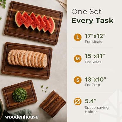 Acacia Wood Cutting Board Set of 3 with Holder, Juice Grooves & Built-in Handles - Durable, Wooden Cutting Boards for Kitchen, Perfect for Chopping, Food Prep and Serving as a Charcuterie