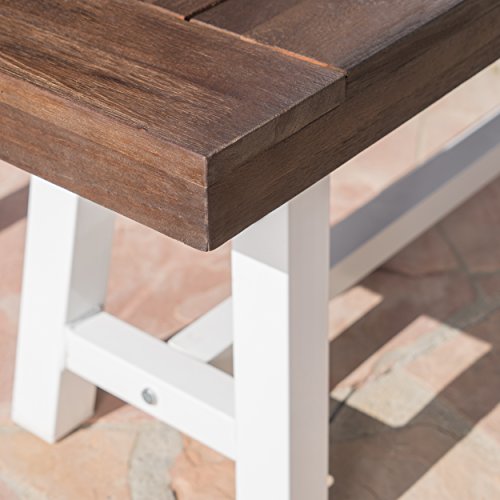 GDFStudio Cassie Outdoor Modern Industrial 3 Piece Acacia Wood Picnic Dining Set with Benches, Sandblasted Dark Brown and White Rustic Metal