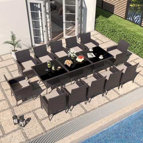 Gotland 15 Piece Outdoor Dining Set, All-Weather Rattan Patio Furniture Set with Umbrella Hole Tempered Glass Square Table, Outdoor Table and Chairs with Removable Cushions for Backyard, Deck Sand