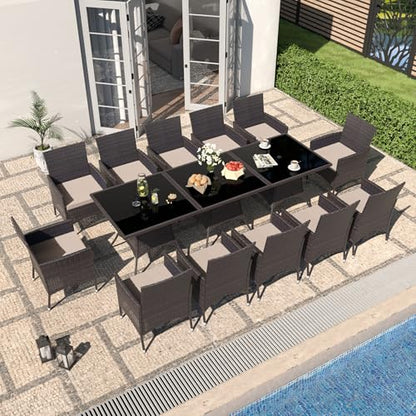 Gotland 15 Piece Outdoor Dining Set, All-Weather Rattan Patio Furniture Set with Umbrella Hole Tempered Glass Square Table, Outdoor Table and Chairs with Removable Cushions for Backyard, Deck Sand